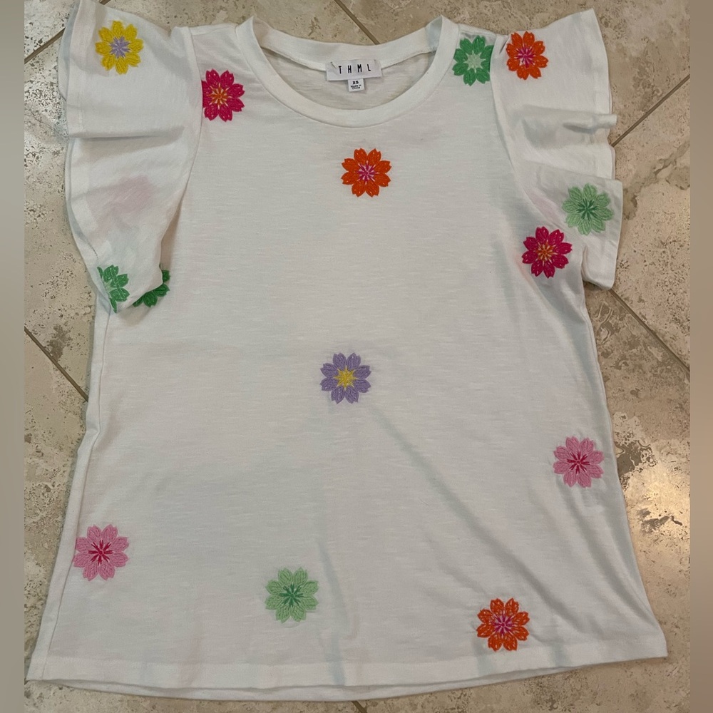 THML White Flutter Sleeve Tee with Colorful Flower Appliqués